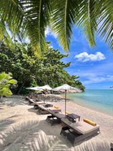 a sandy beach with lounge chairs and umbrellas