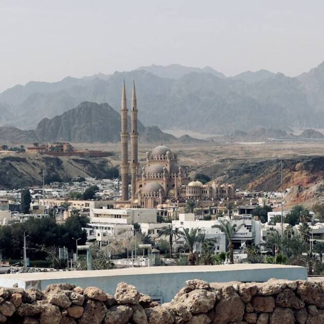 a view of a city with mountains in the background